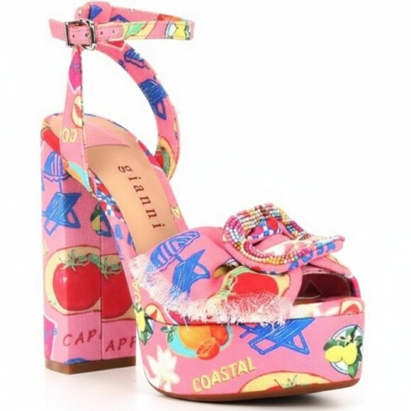 NEW Gianni Bini Tobias Printed Linen Mismatched Buckle Platform Dress Sandals